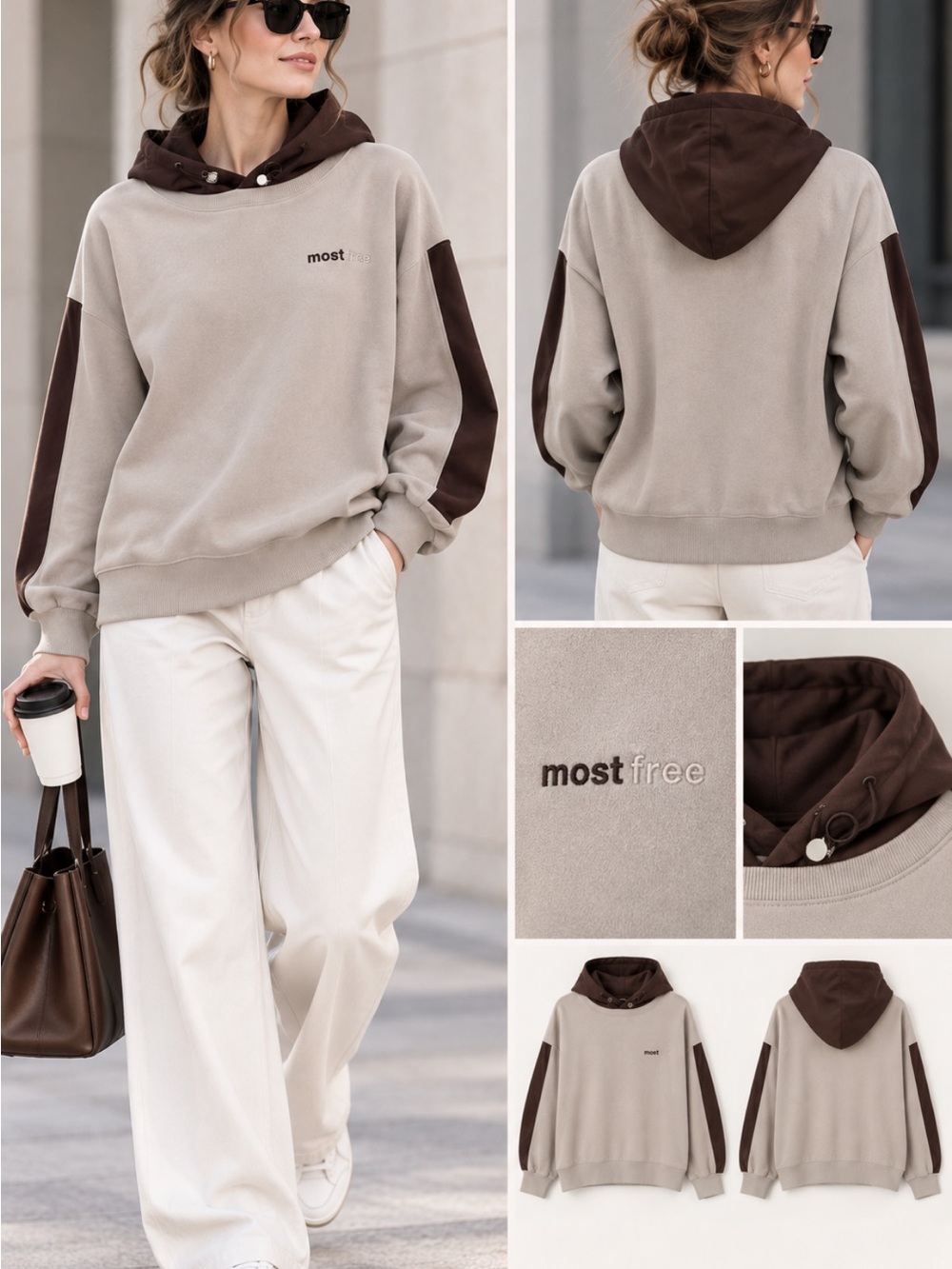 Taupe & Brown Colorblock Hooded Pullover